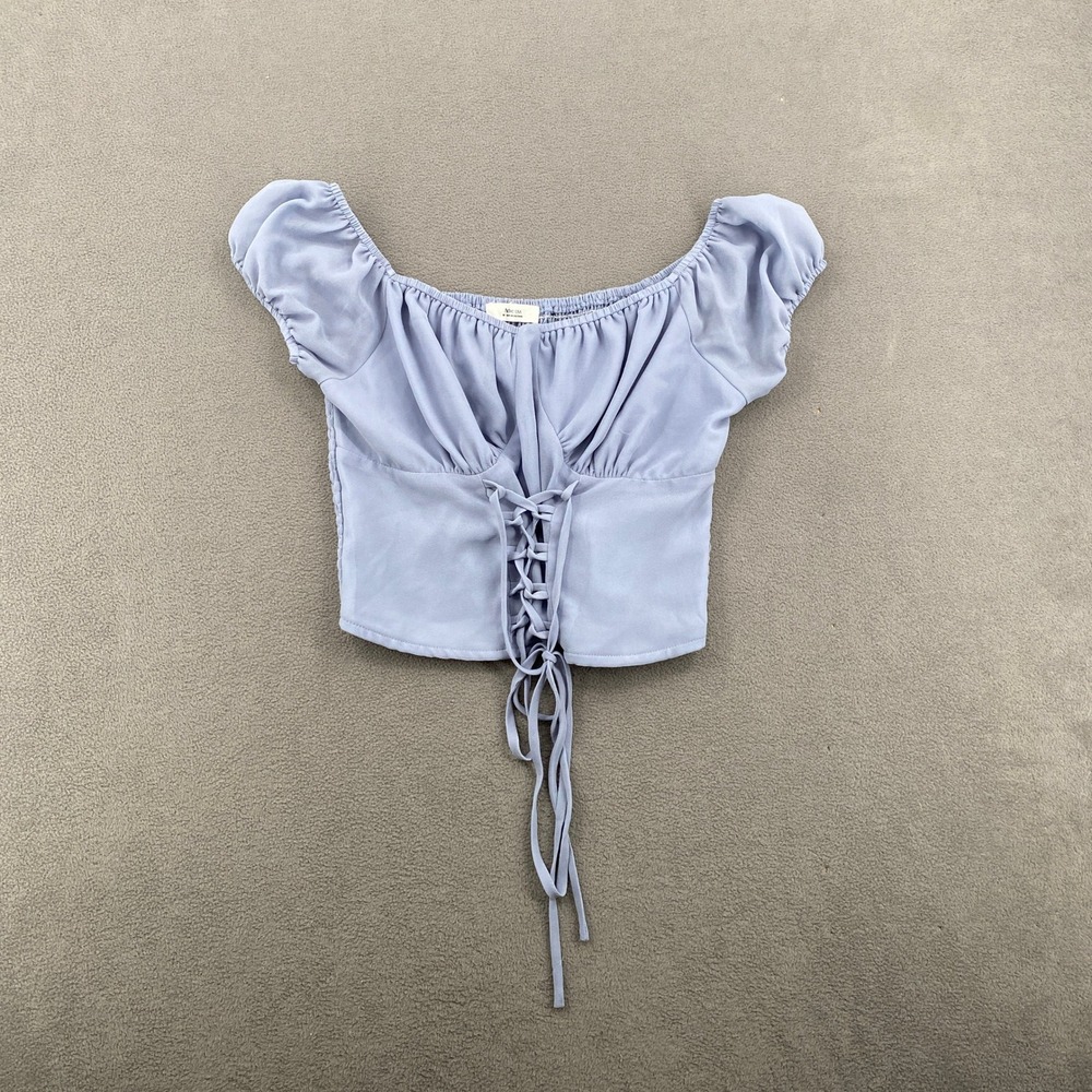 Active USA Periwinkle Blue Lace Up Front Smocked Back Crop Top Puff Sleeve M